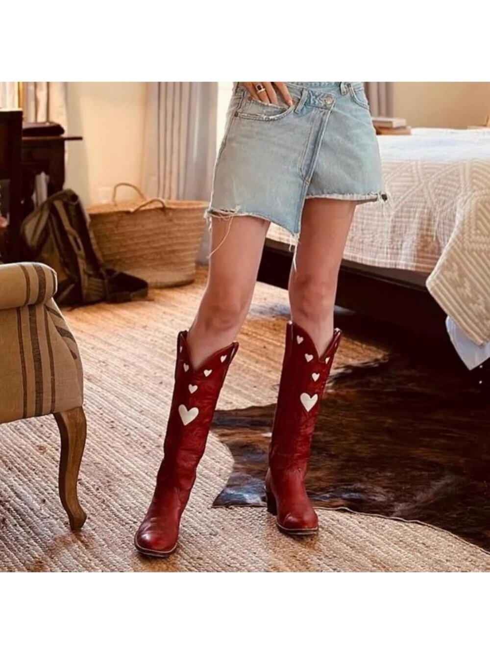 Women's Red Heart Embroidered Wide Calf Chunky Stacked Block Heel Cowgirl Boots - Picture 4 of 5